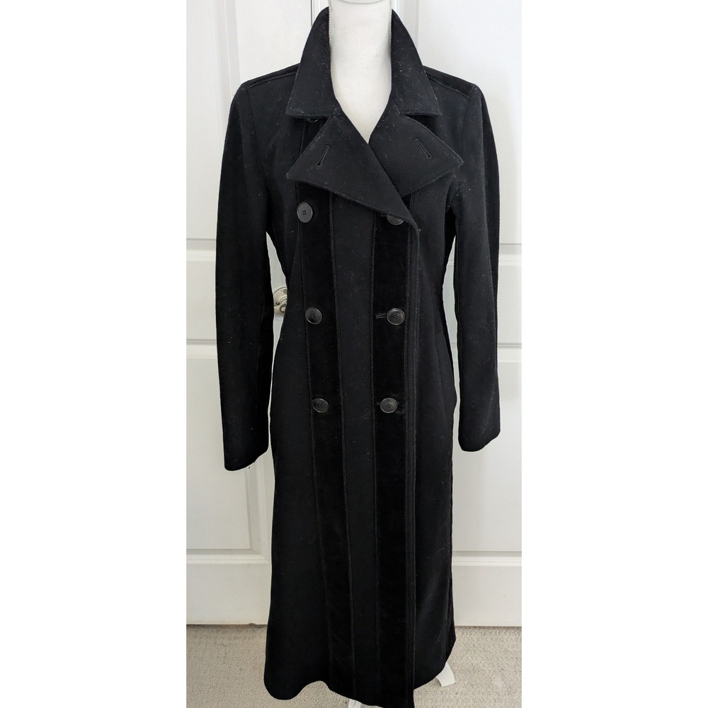 Kenneth Cole New York Black Wool Blend Velvet Trim Double Breasted Trench Coat 6